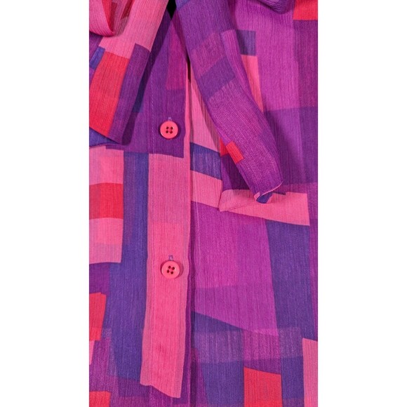 alice + olivia Women Top Size 4 Geo Block Neck Tie Tab Sleeve Semi Sheer Button - Picture 4 of 15